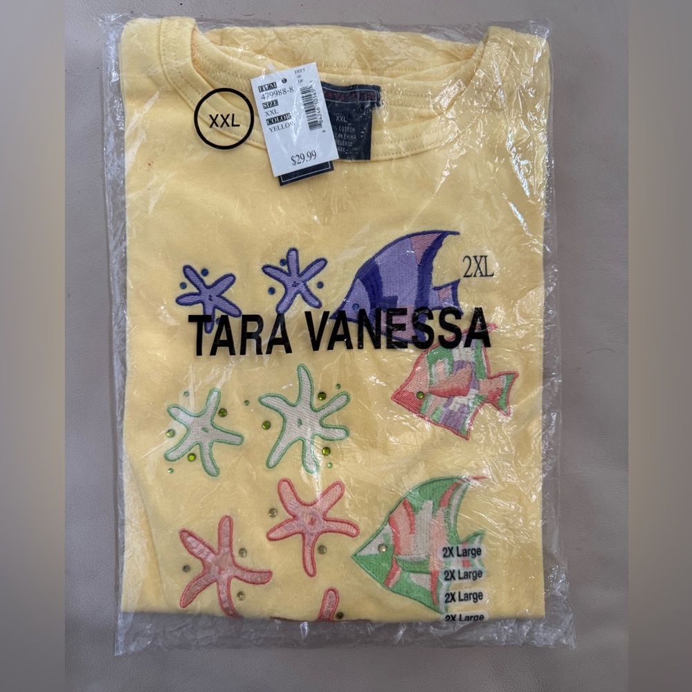 Tara Vanessa Yellow Embroidered & Rhinestone Embellished Short Sleeve Tee